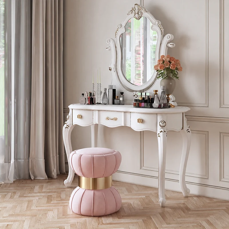 Modern Minimalist Round Velvet Plywood Titanium Gold Brushed Stainless Steel Vanity Stool Backless Armless For Bedroom