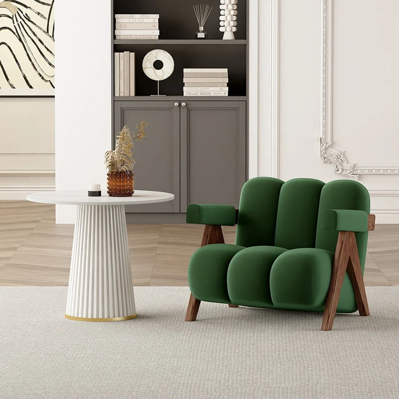 Contemporary Creative Velvet Pine Wood V-Leg Wavy Square Accent Chair With Backrest Armrests For Living Room