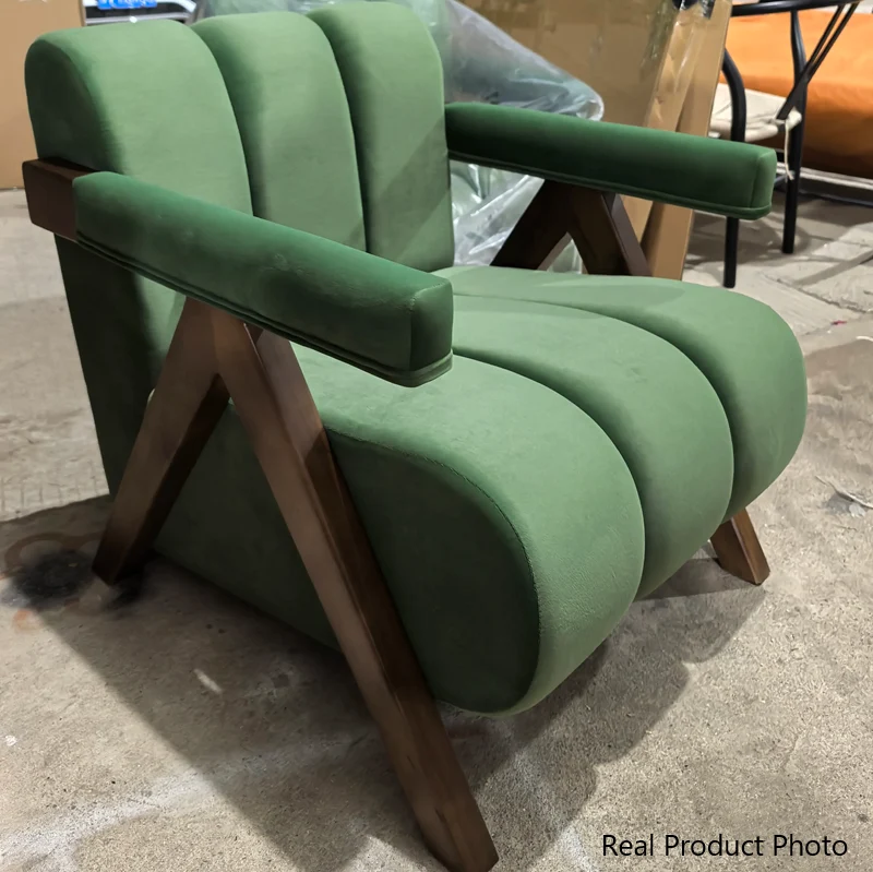 Contemporary Creative Velvet Pine Wood V-Leg Wavy Square Accent Chair With Backrest Armrests For Living Room