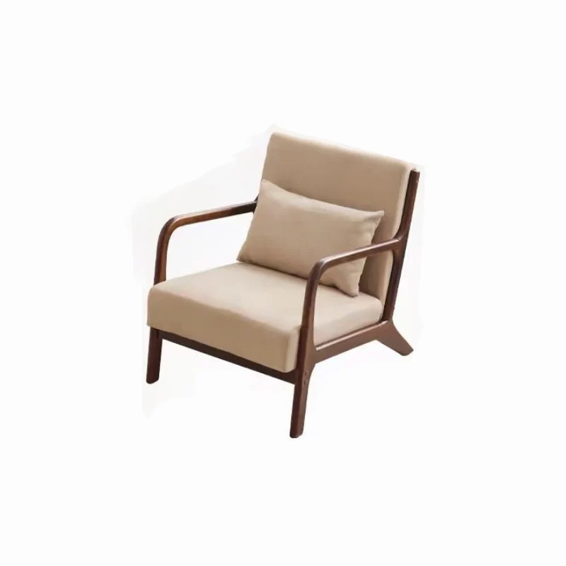 Contemporary Scandinavian Cotton Linen Solid Wood Curved Square Accent Chair With Backrest Armrests For Living Room