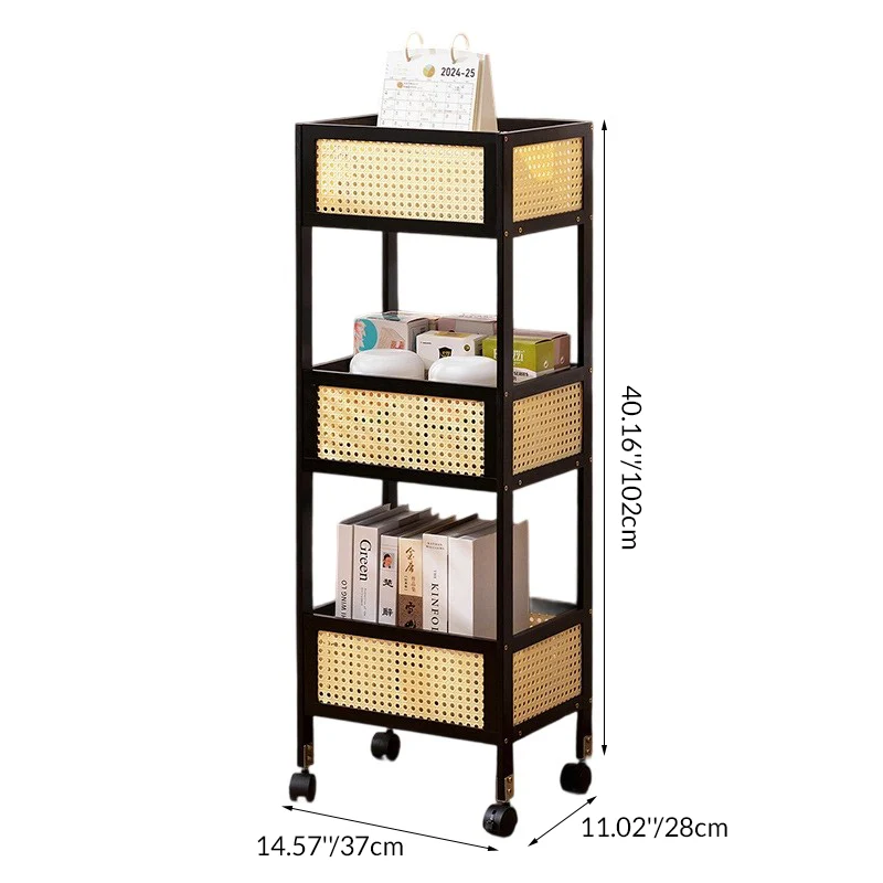 Modern Minimalist Bamboo Synthetic Rattan Rectangular Mobile Storage Shelf With 3-Shelves Design For Living Room