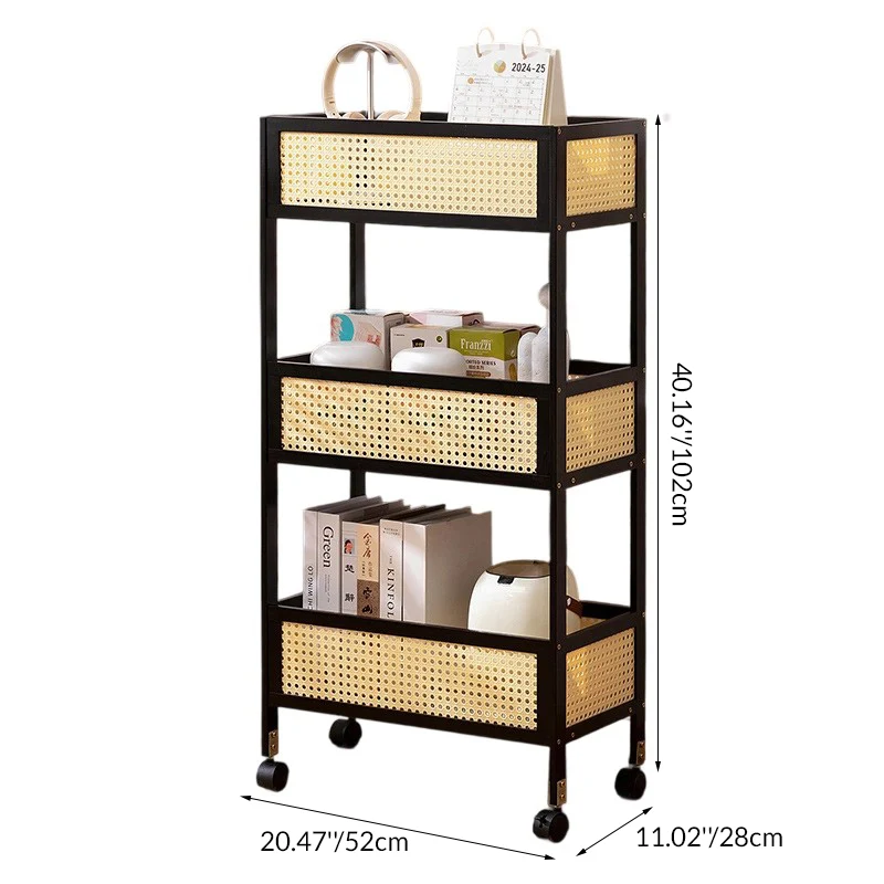 Modern Minimalist Bamboo Synthetic Rattan Rectangular Mobile Storage Shelf With 3-Shelves Design For Living Room