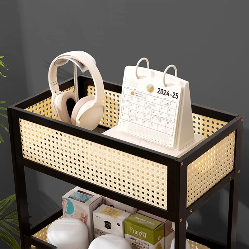Modern Minimalist Bamboo Synthetic Rattan Rectangular Mobile Storage Shelf With 3-Shelves Design For Living Room