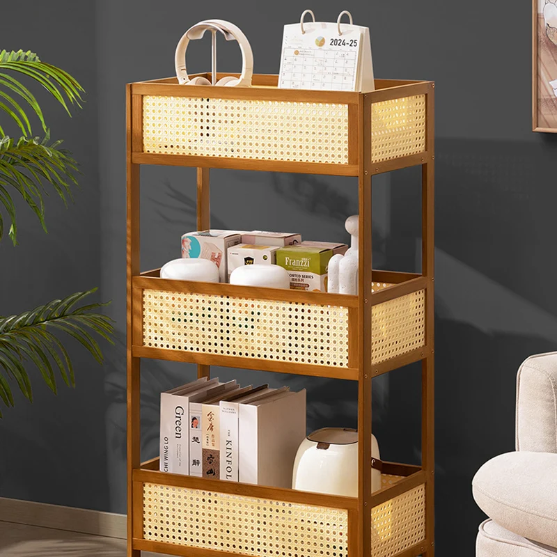 Modern Minimalist Bamboo Synthetic Rattan Rectangular Mobile Storage Shelf With 3-Shelves Design For Living Room