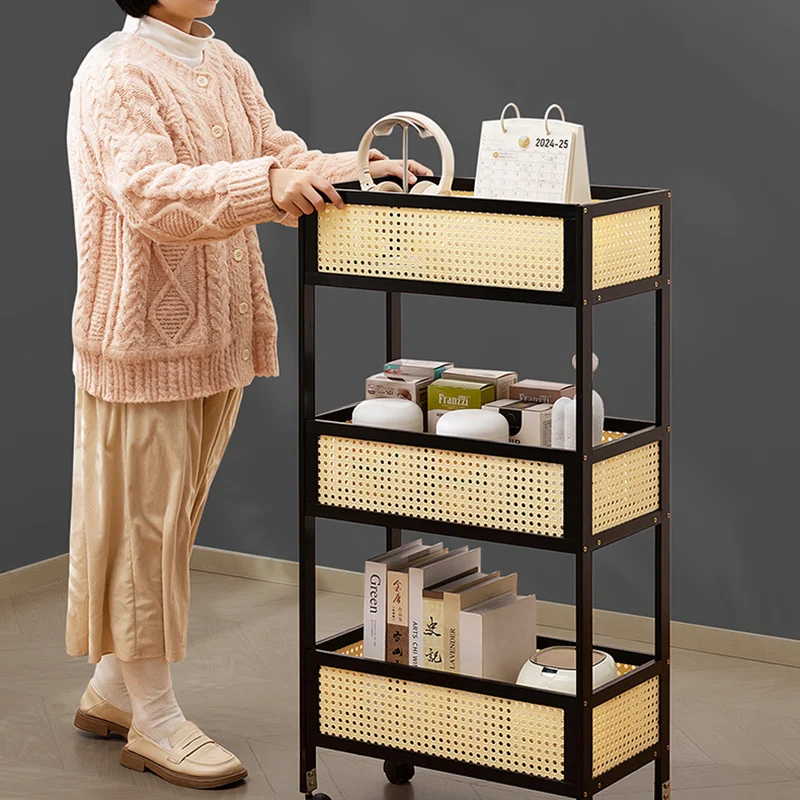 Modern Minimalist Bamboo Synthetic Rattan Rectangular Mobile Storage Shelf With 3-Shelves Design For Living Room