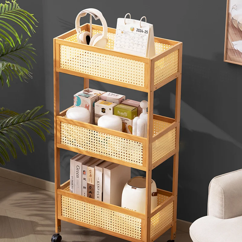 Modern Minimalist Bamboo Synthetic Rattan Rectangular Mobile Storage Shelf With 3-Shelves Design For Living Room