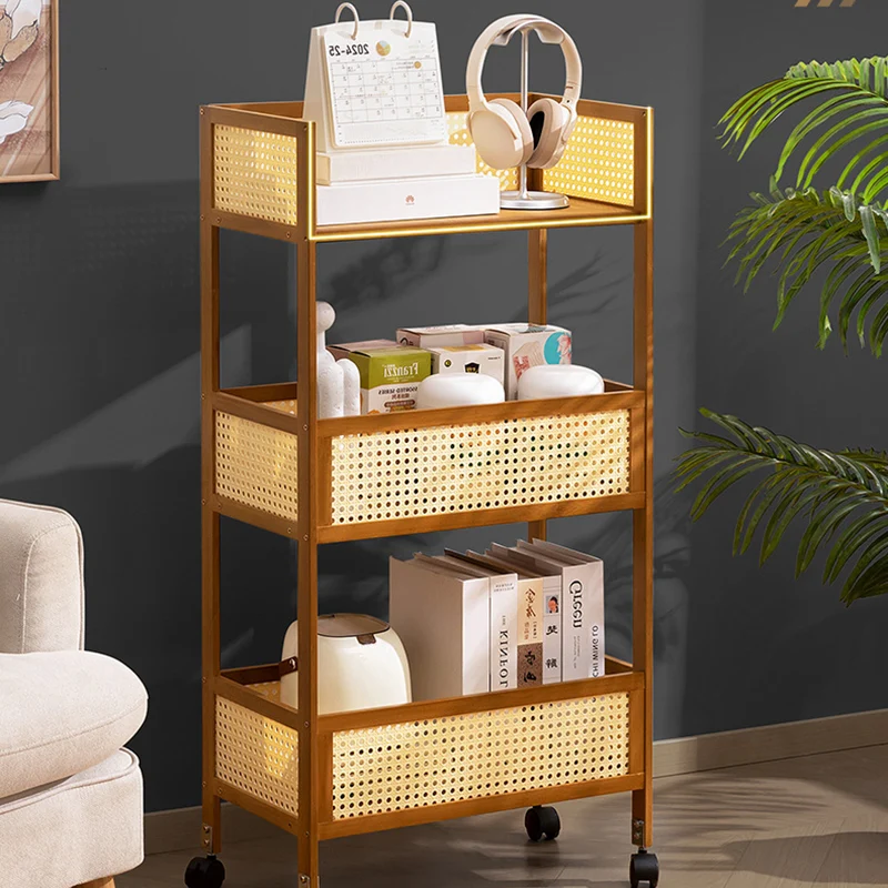 Modern Minimalist Bamboo Synthetic Rattan Rectangular Mobile Storage Shelf With 3-Shelves Design For Living Room