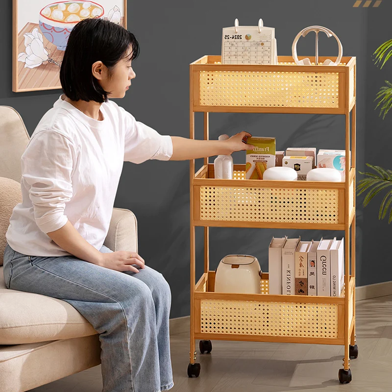 Modern Minimalist Bamboo Synthetic Rattan Rectangular Mobile Storage Shelf With 3-Shelves Design For Living Room
