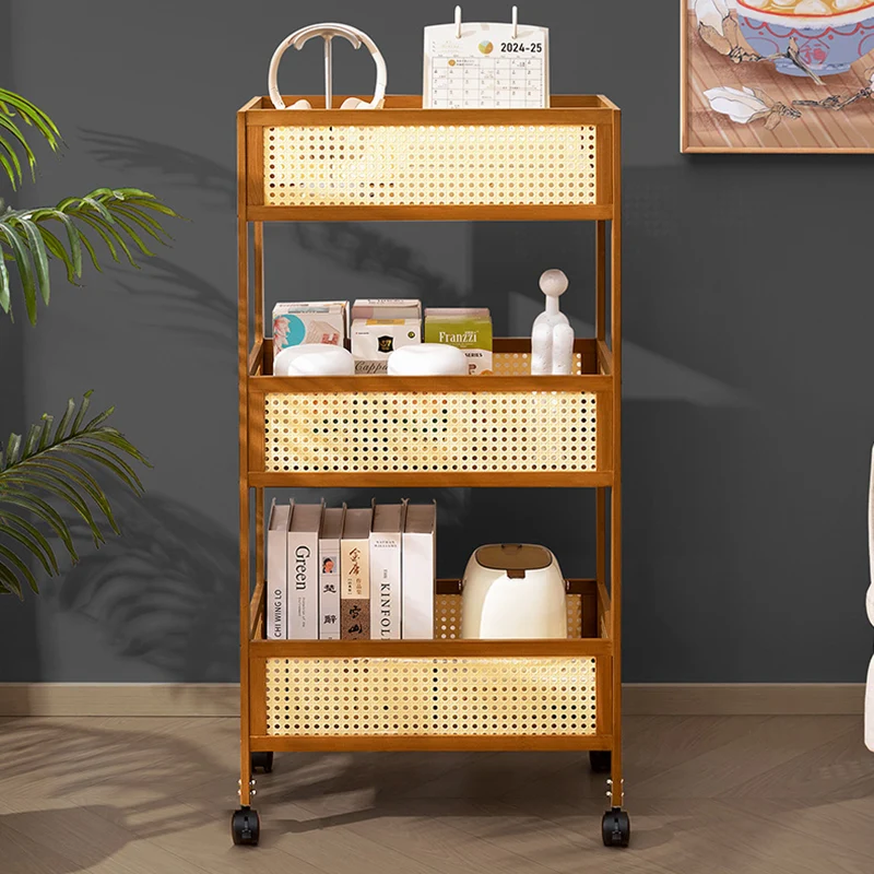 Modern Minimalist Bamboo Synthetic Rattan Rectangular Mobile Storage Shelf With 3-Shelves Design For Living Room