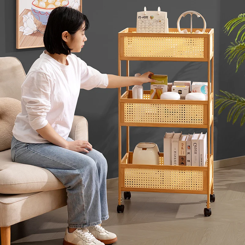 Modern Minimalist Bamboo Synthetic Rattan Rectangular Mobile Storage Shelf With 3-Shelves Design For Living Room