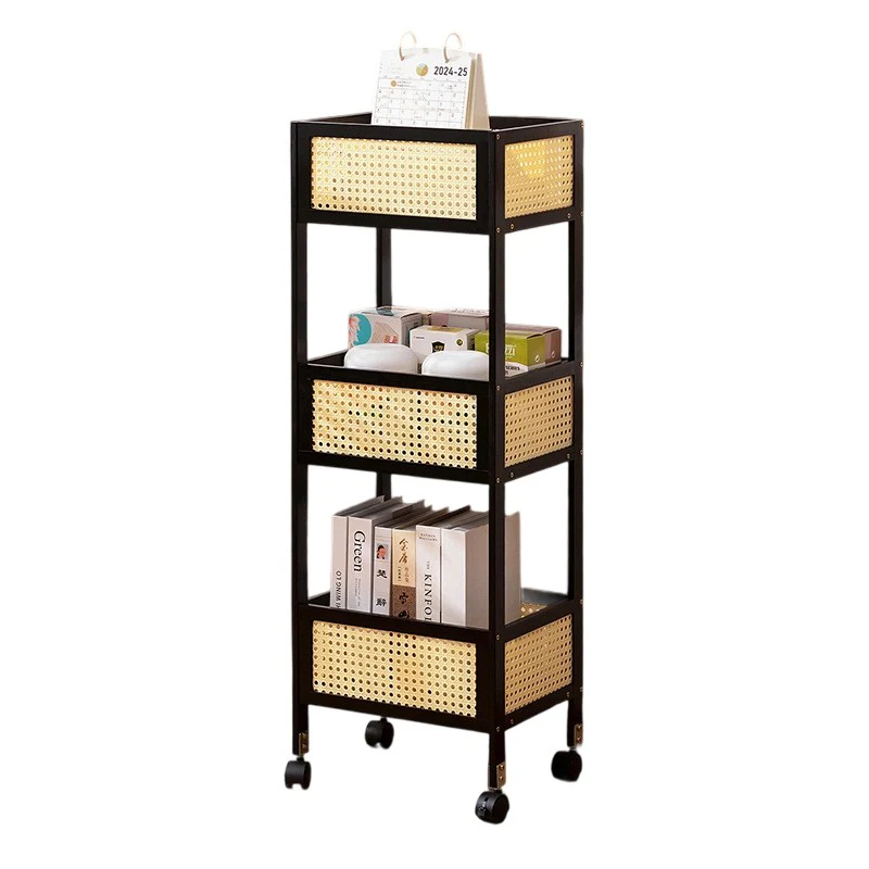 Modern Minimalist Bamboo Synthetic Rattan Rectangular Mobile Storage Shelf With 3-Shelves Design For Living Room