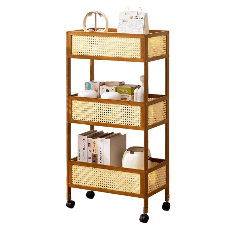 Modern Minimalist Bamboo Synthetic Rattan Rectangular Mobile Storage Shelf With 3-Shelves Design For Living Room