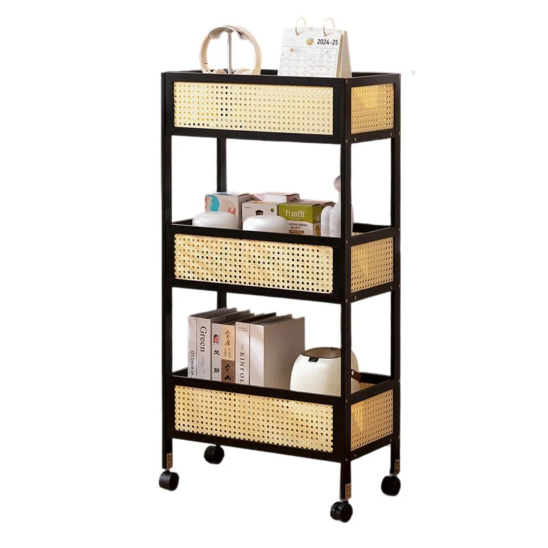 Modern Minimalist Bamboo Synthetic Rattan Rectangular Mobile Storage Shelf With 3-Shelves Design For Living Room