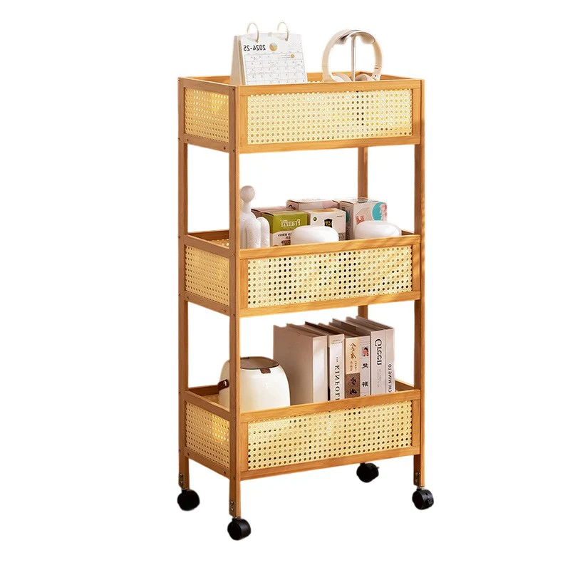 Modern Minimalist Bamboo Synthetic Rattan Rectangular Mobile Storage Shelf With 3-Shelves Design For Living Room