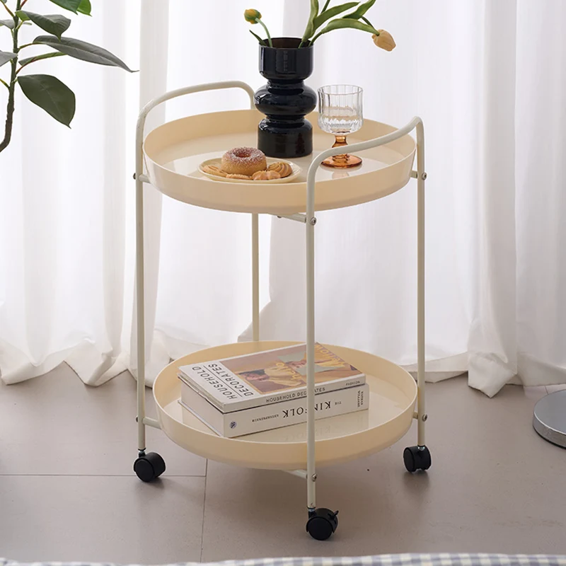 Contemporary Scandinavian Iron Mobile Round Curved Side Table With 2 Tiers For Living Room