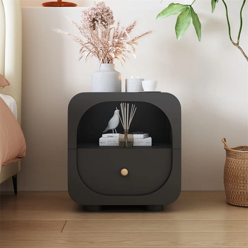 Contemporary Scandinavian Particle Board Glass Metal Rounded Square Nightstand With 1 Drawer For Bedroom