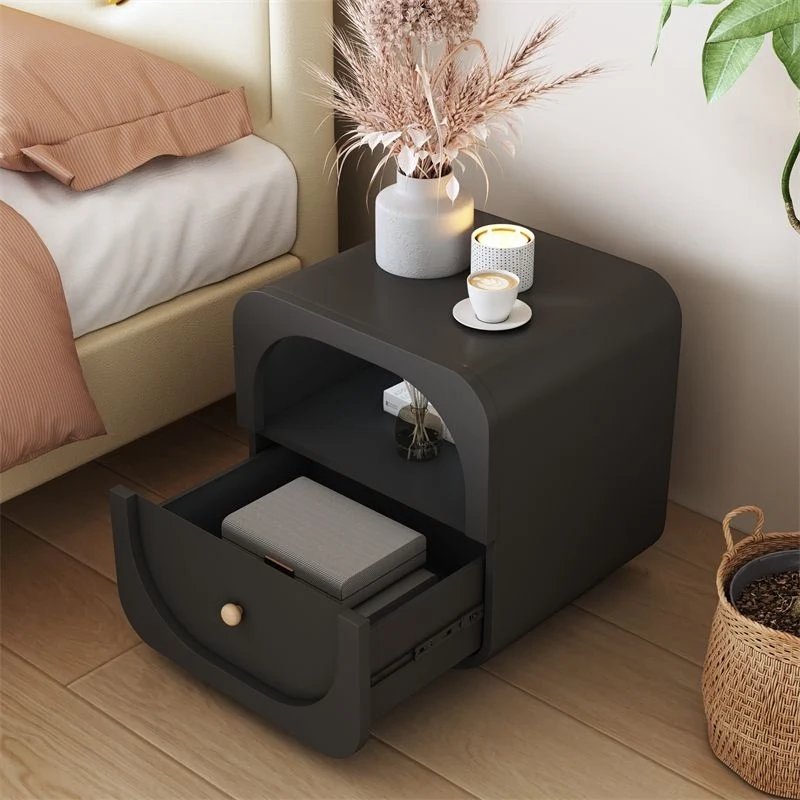 Contemporary Scandinavian Particle Board Glass Metal Rounded Square Nightstand With 1 Drawer For Bedroom