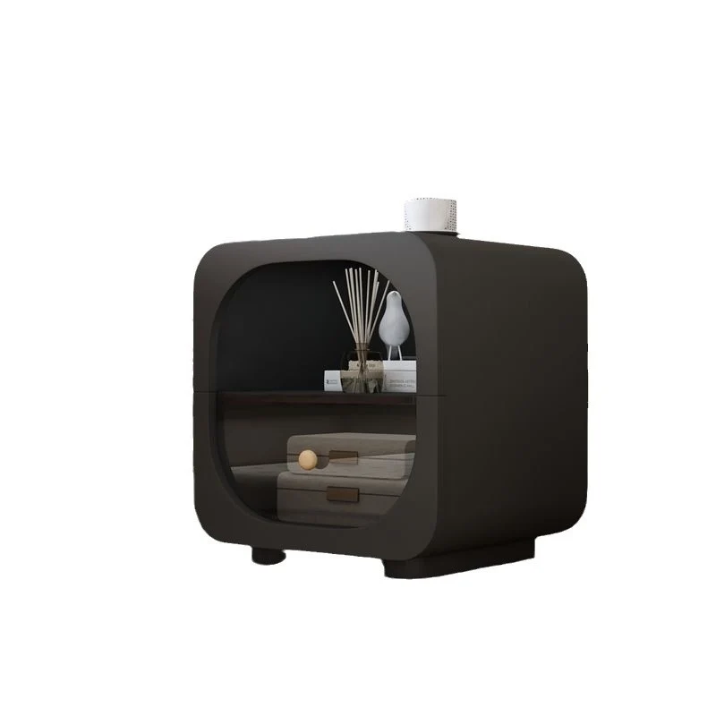Contemporary Scandinavian Particle Board Glass Metal Rounded Square Nightstand With 1 Drawer For Bedroom