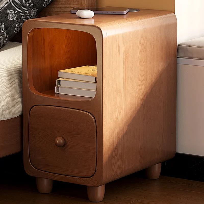 Traditional Chinese Rubberwood Pine Wood Plywood Rounded Rectangular Nightstand With 1/2 Drawers For Bedroom