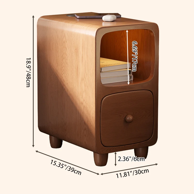 Traditional Chinese Rubberwood Pine Wood Plywood Rounded Rectangular Nightstand With 1/2 Drawers For Bedroom