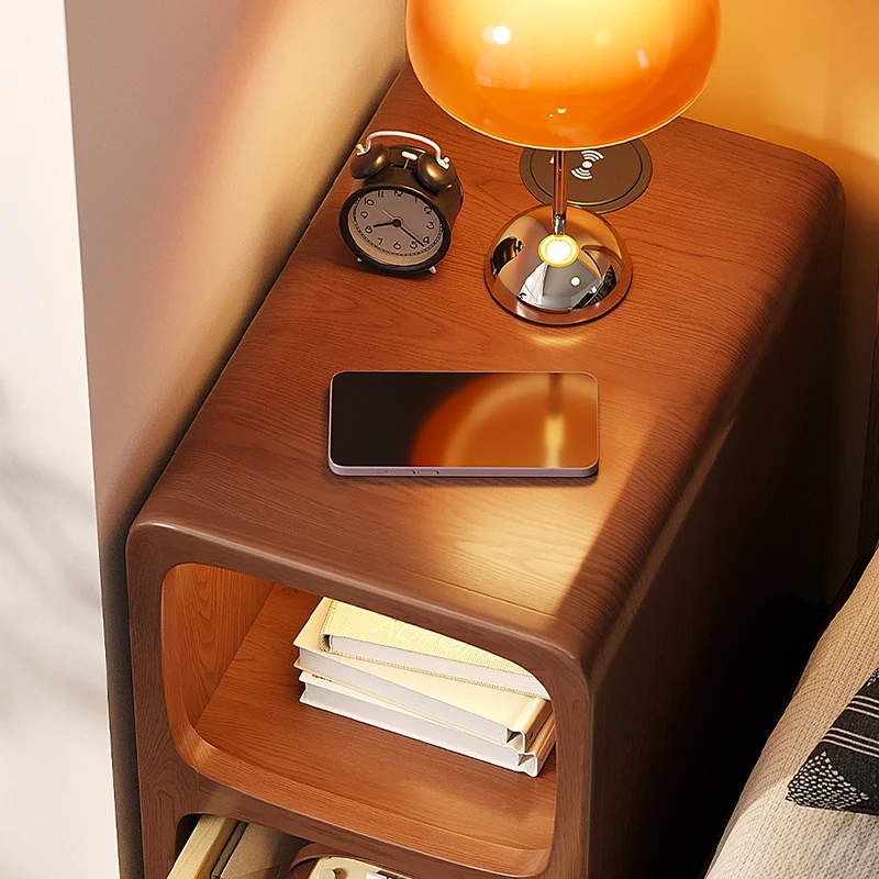 Traditional Chinese Rubberwood Pine Wood Plywood Rounded Rectangular Nightstand With 1/2 Drawers For Bedroom