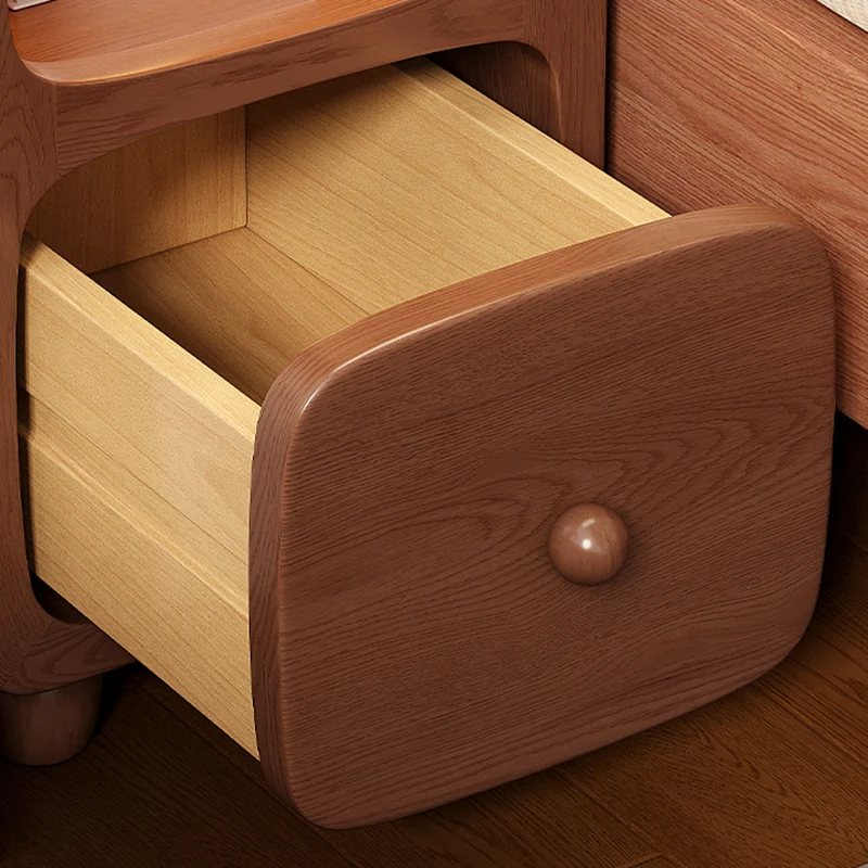 Traditional Chinese Rubberwood Pine Wood Plywood Rounded Rectangular Nightstand With 1/2 Drawers For Bedroom