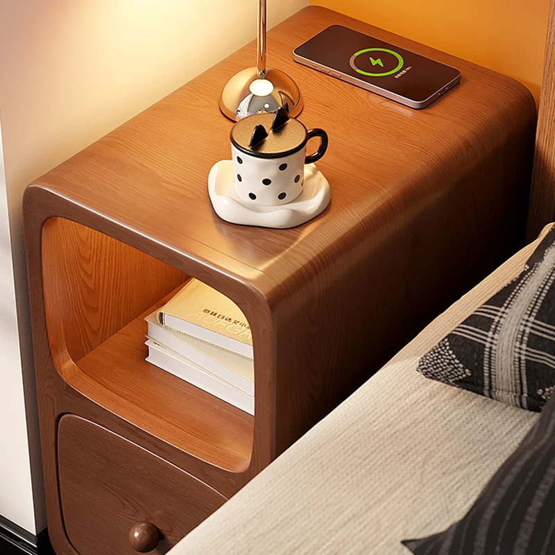 Traditional Chinese Rubberwood Pine Wood Plywood Rounded Rectangular Nightstand With 1/2 Drawers For Bedroom