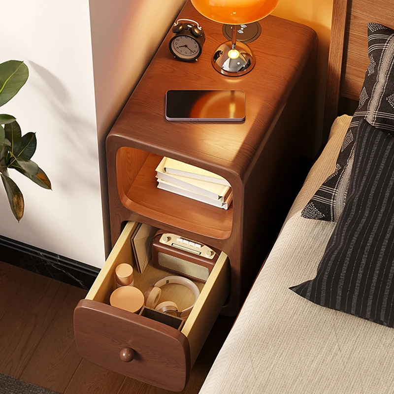 Traditional Chinese Rubberwood Pine Wood Plywood Rounded Rectangular Nightstand With 1/2 Drawers For Bedroom