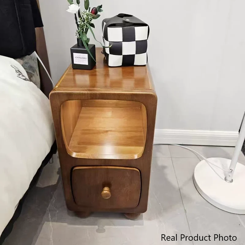 Traditional Chinese Rubberwood Pine Wood Plywood Rounded Rectangular Nightstand With 1/2 Drawers For Bedroom