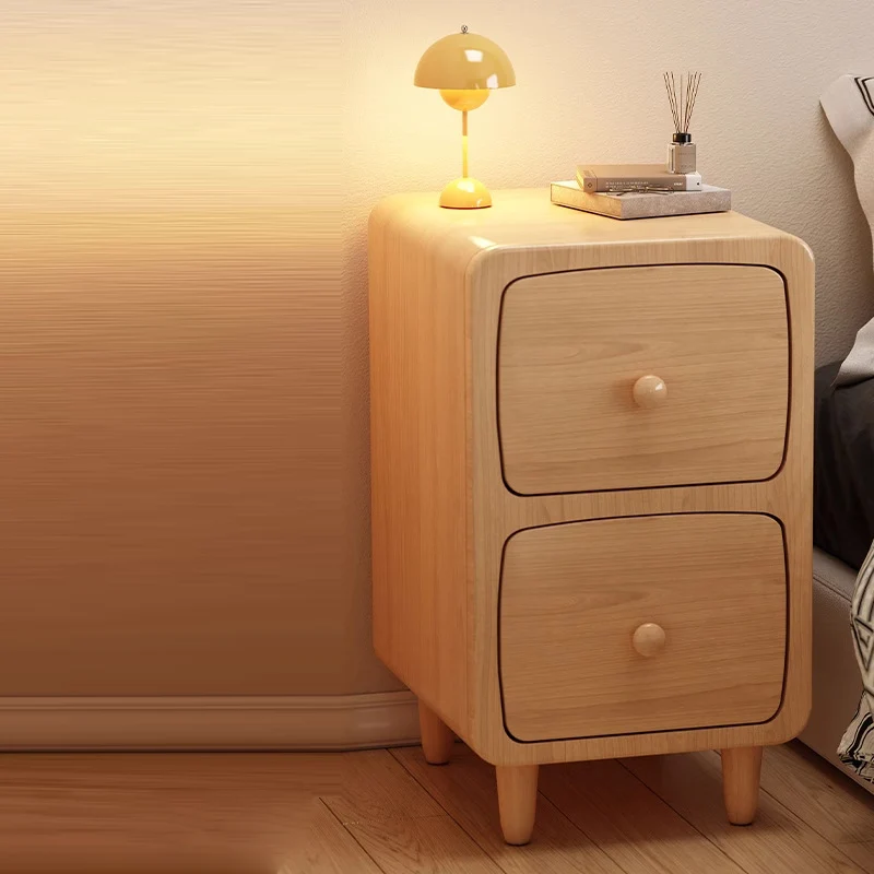 Traditional Chinese Rubberwood Pine Wood Plywood Rounded Rectangular Nightstand With 1/2 Drawers For Bedroom