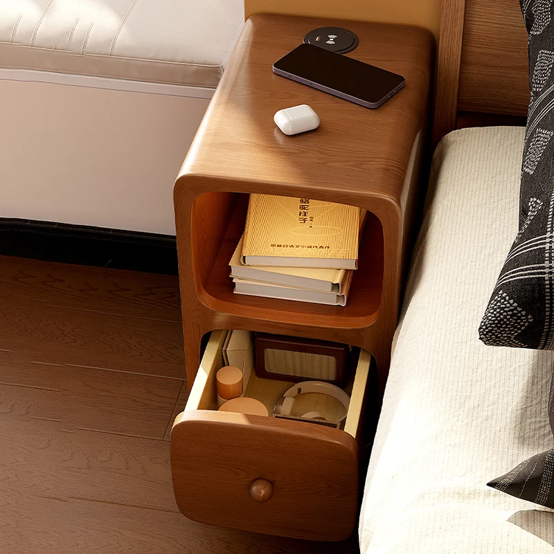 Traditional Chinese Rubberwood Pine Wood Plywood Rounded Rectangular Nightstand With 1/2 Drawers For Bedroom