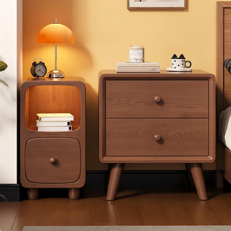Traditional Chinese Rubberwood Pine Wood Plywood Rounded Rectangular Nightstand With 1/2 Drawers For Bedroom