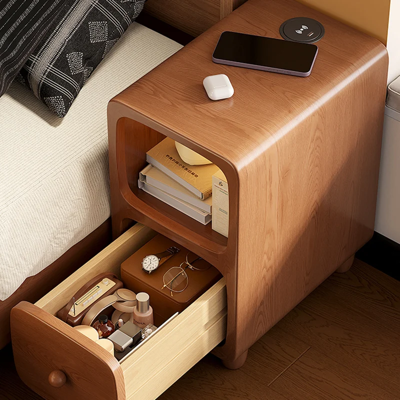 Traditional Chinese Rubberwood Pine Wood Plywood Rounded Rectangular Nightstand With 1/2 Drawers For Bedroom