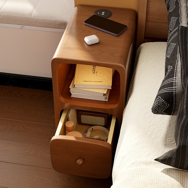Traditional Chinese Rubberwood Pine Wood Plywood Rounded Rectangular Nightstand With 1/2 Drawers For Bedroom