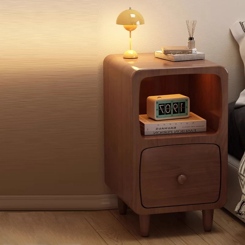 Traditional Chinese Rubberwood Pine Wood Plywood Rounded Rectangular Nightstand With 1/2 Drawers For Bedroom