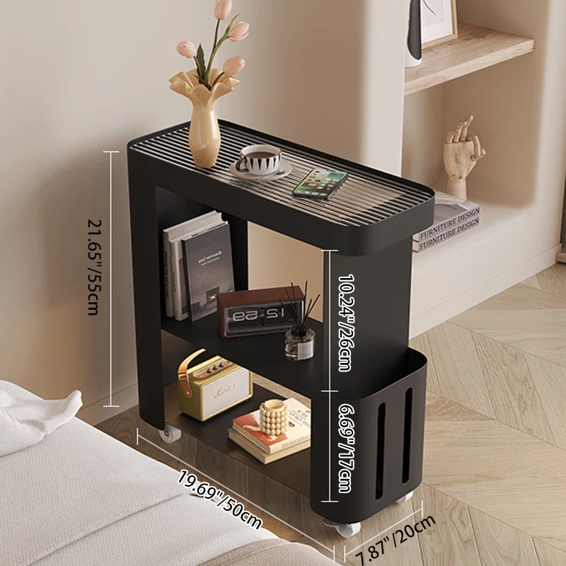 Contemporary Scandinavian Carbon Steel Glass Mobile Rounded Rectangular Side Table With 3 Tiers For Living Room