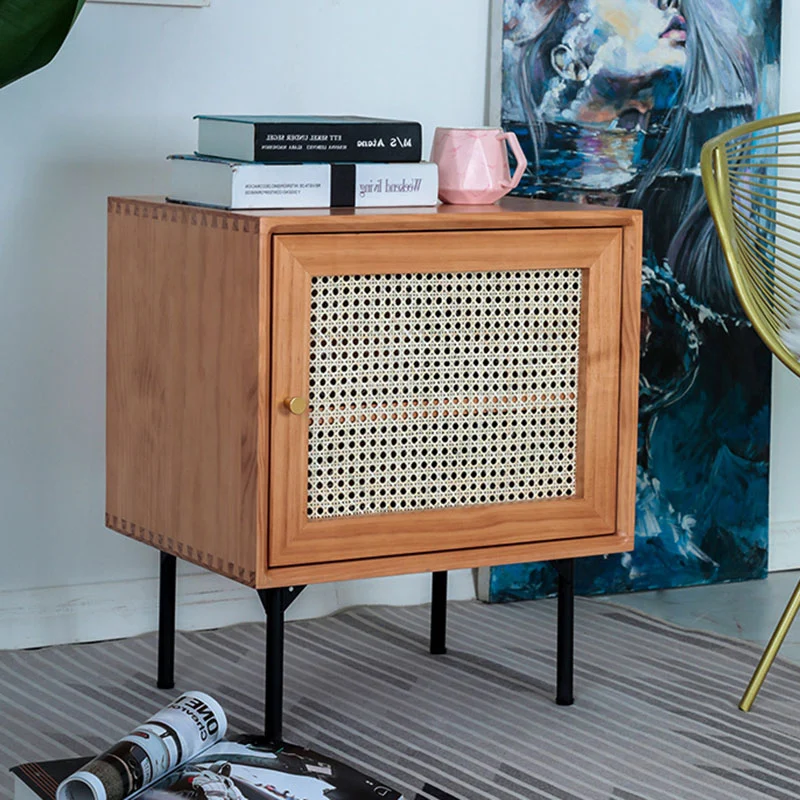 Traditional Chinese Solid Wood Rattan Square Cylinder Nightstand With 1-Storage For Bedroom