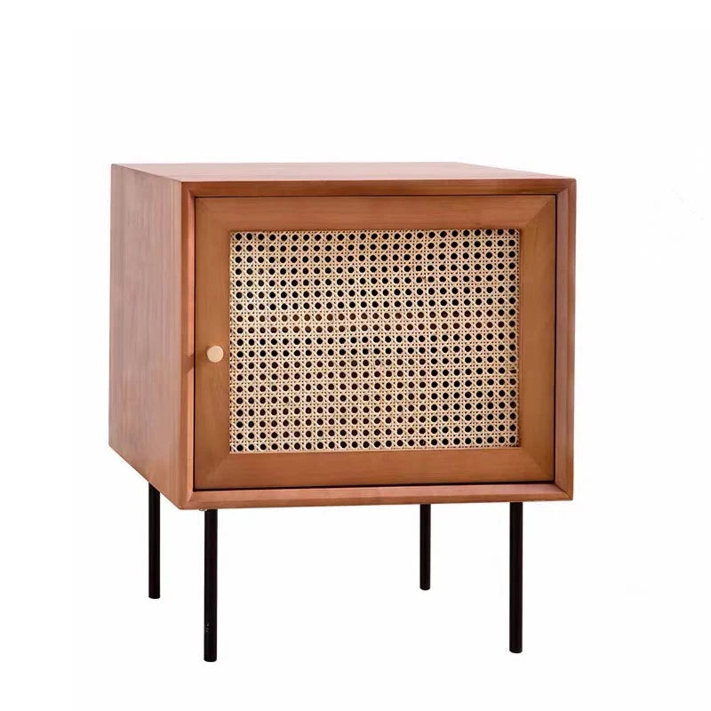 Traditional Chinese Solid Wood Rattan Square Cylinder Nightstand With 1-Storage For Bedroom