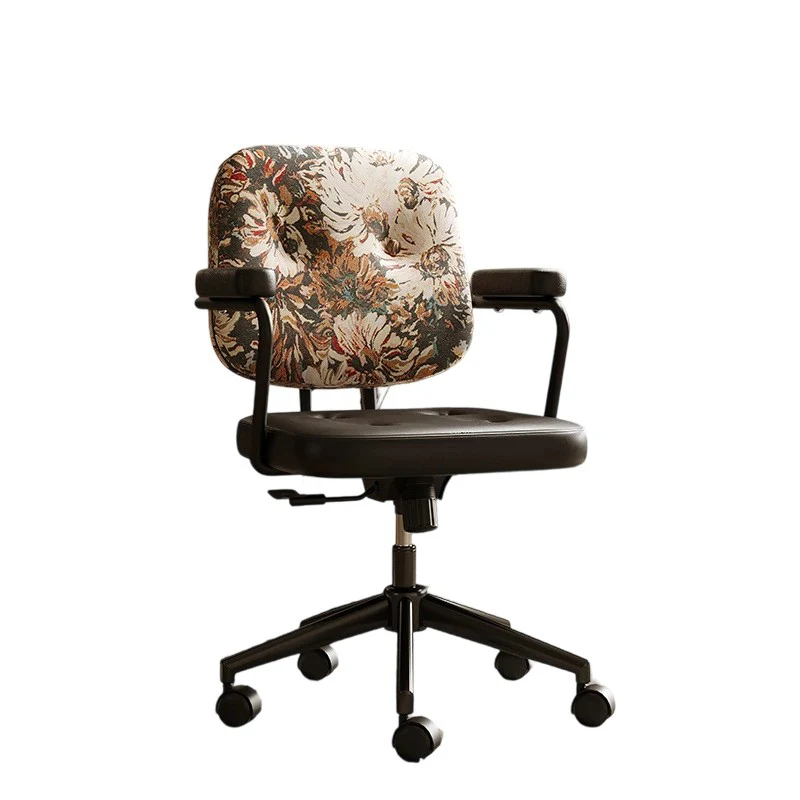 Traditional Vintage Square Top-Grain Semi-Aniline Leather Fabric Steel Height-Adjustable Swivel Desk Chair For Home Office