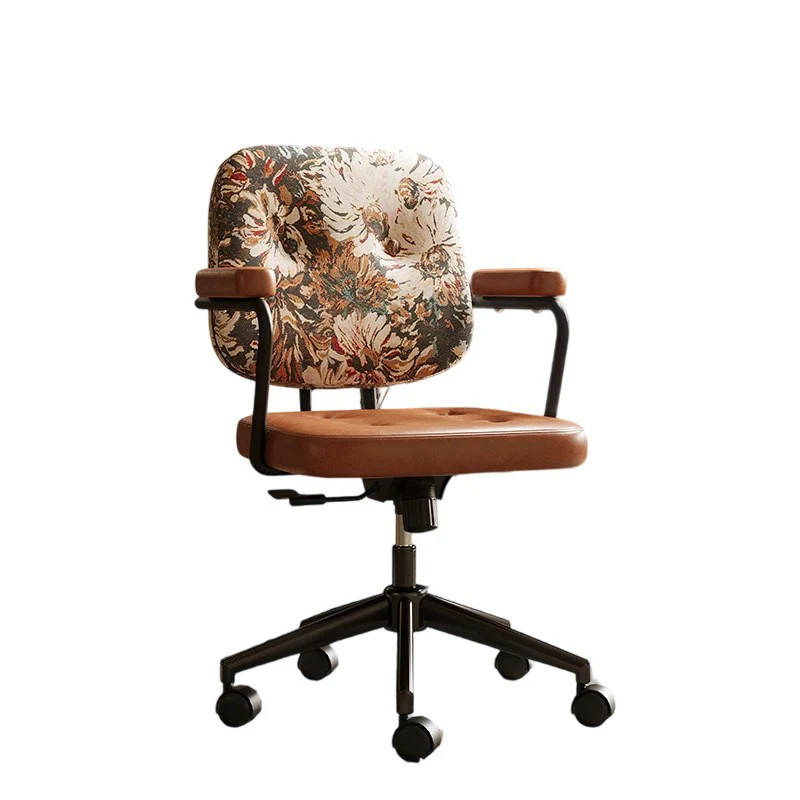 Traditional Vintage Square Top-Grain Semi-Aniline Leather Fabric Steel Height-Adjustable Swivel Desk Chair For Home Office