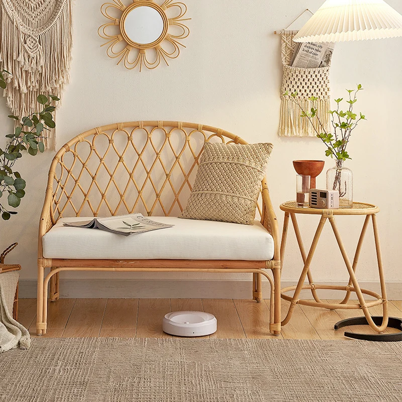 Contemporary Boho Curved Rattan Weaving Cotton Linen Fabric Sponge Sofa Backrest Armrest For Living Room