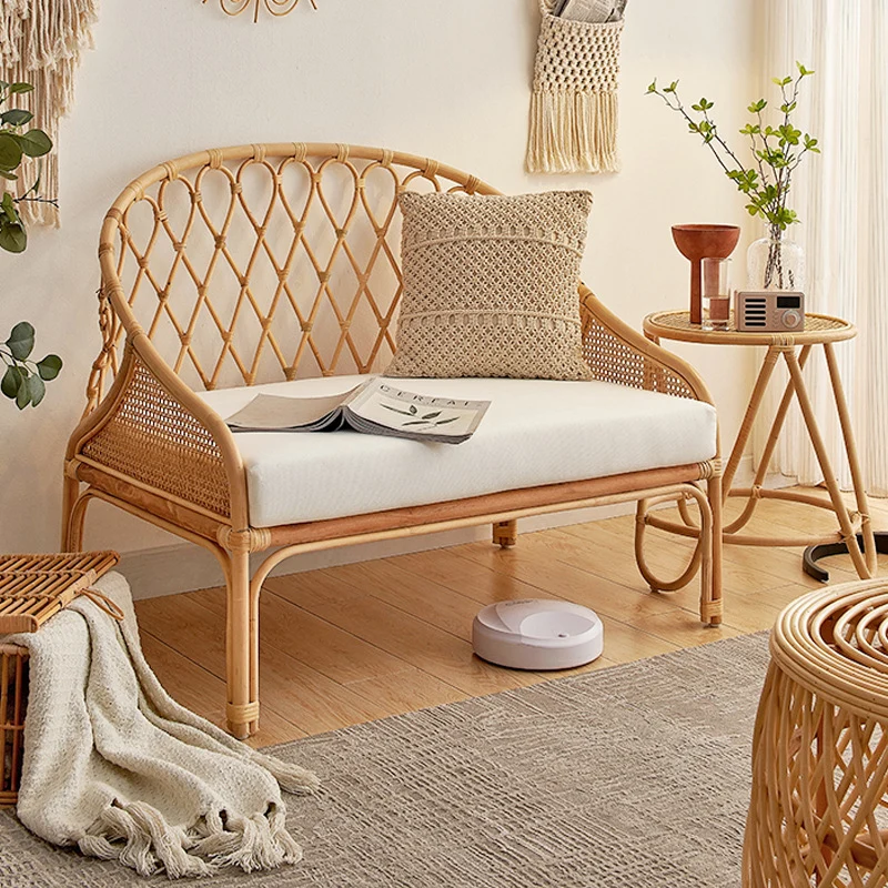 Contemporary Boho Curved Rattan Weaving Cotton Linen Fabric Sponge Sofa Backrest Armrest For Living Room