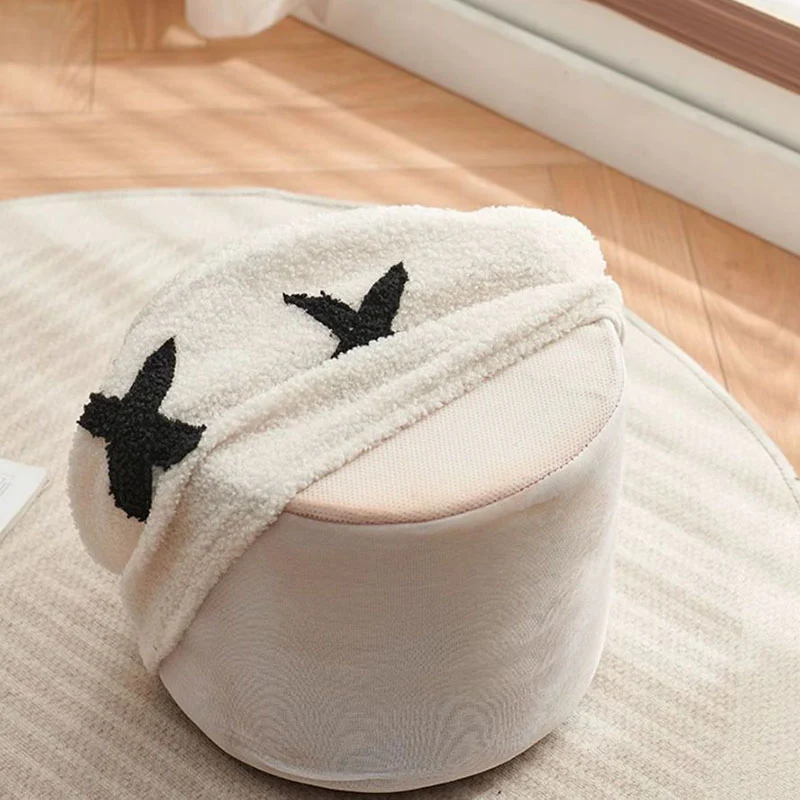 Modern Minimalist Round Lamb Fleece Pine Wood Cotton Fabric Removable Cartoon Low Stool For Living Room