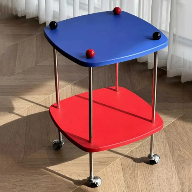 Modern Eclectic Square Rounded-Edge MDF Carbon Steel Rolling Side Table 2-Tier For Living Room