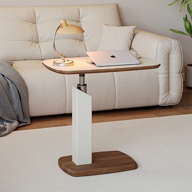 Contemporary Scandinavian Rectangular Saddle-Style Faux Leather Medium-Density Fiberboard Height-Adjustable Swivel Side Table For Living Room