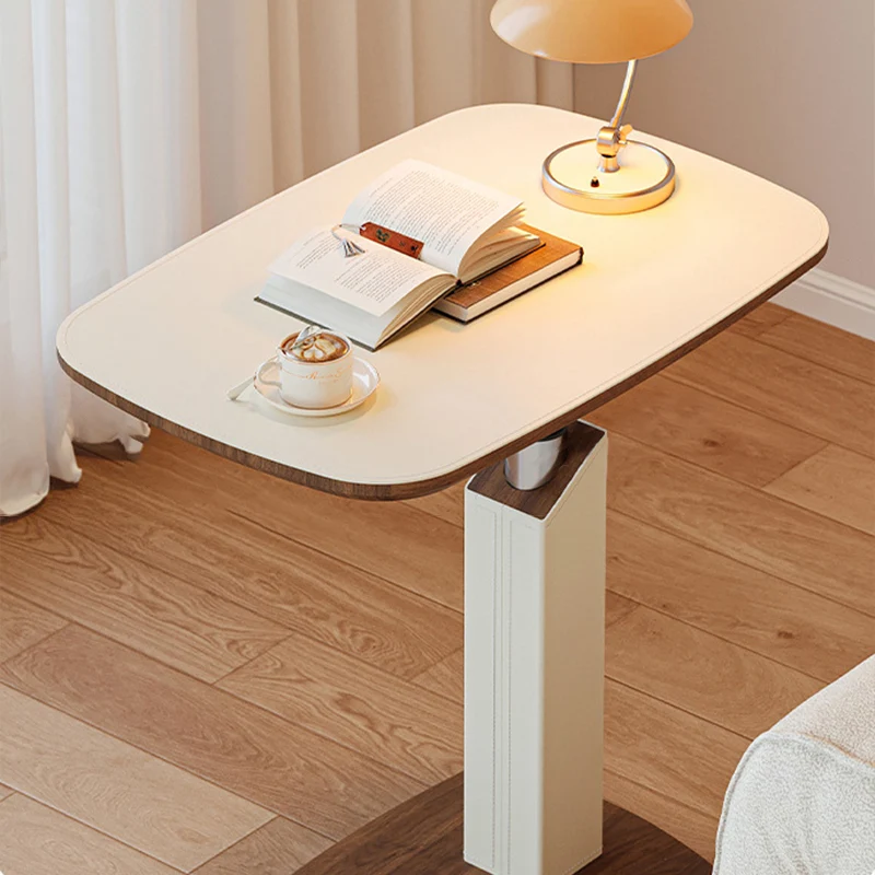 Contemporary Scandinavian Rectangular Saddle-Style Faux Leather Medium-Density Fiberboard Height-Adjustable Swivel Side Table For Living Room