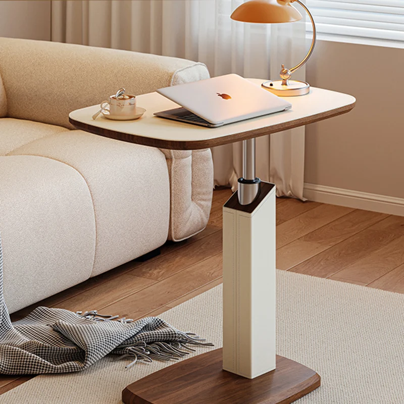 Contemporary Scandinavian Rectangular Saddle-Style Faux Leather Medium-Density Fiberboard Height-Adjustable Swivel Side Table For Living Room