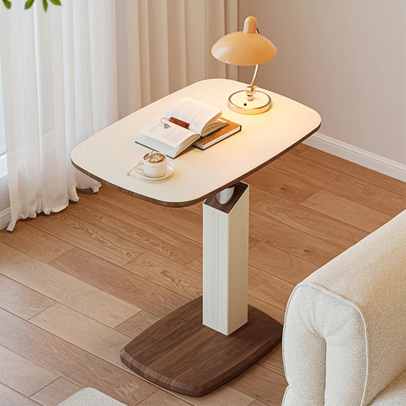 Contemporary Scandinavian Rectangular Saddle-Style Faux Leather Medium-Density Fiberboard Height-Adjustable Swivel Side Table For Living Room