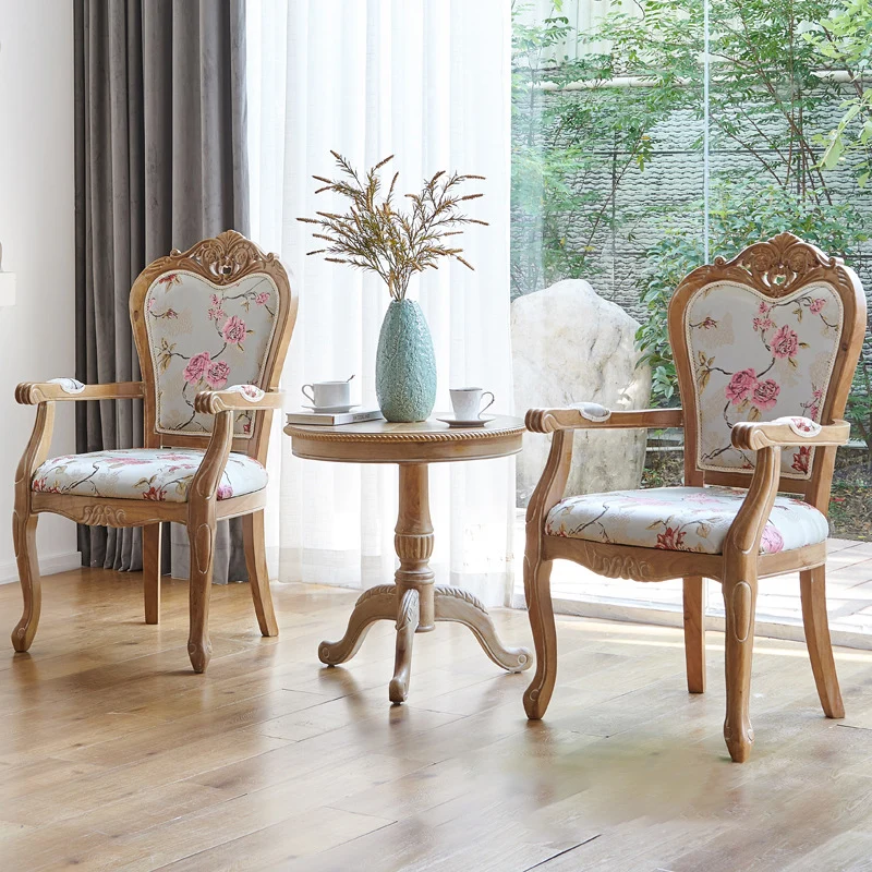 Traditional Vintage Curved Seat Cushion Solid Wood Fabric Sponge Chair Backrest Armrest For Living Room