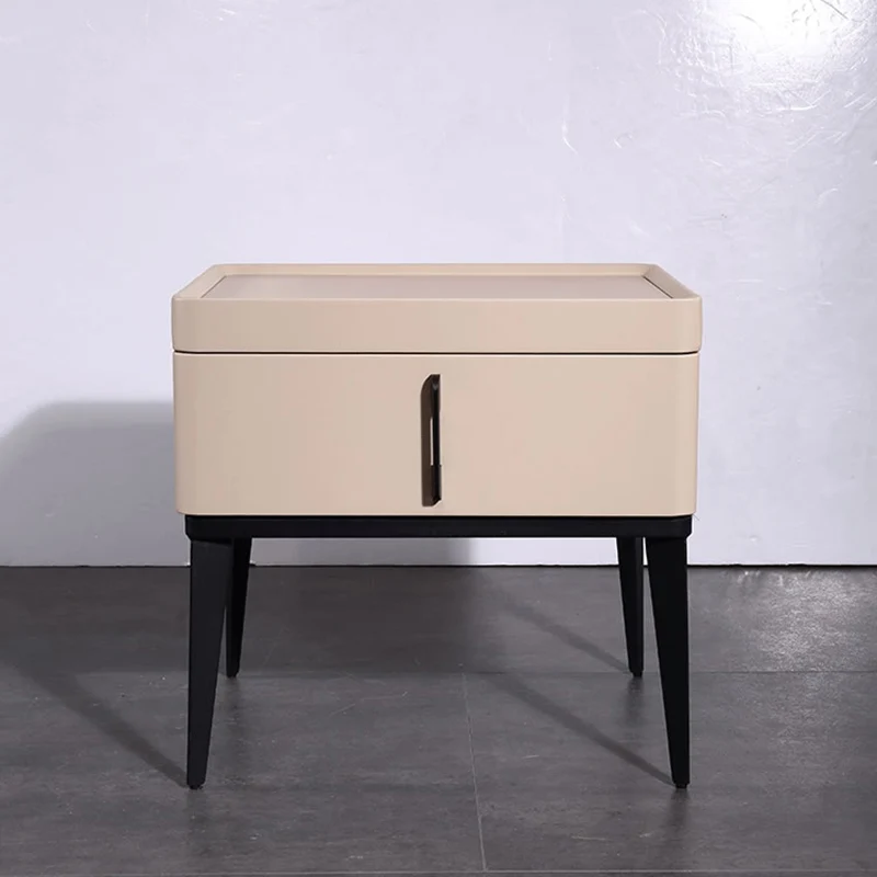 Contemporary Matte Metal Faux Leather Bedside Table - 1-Drawer Nightstand For Bedroom